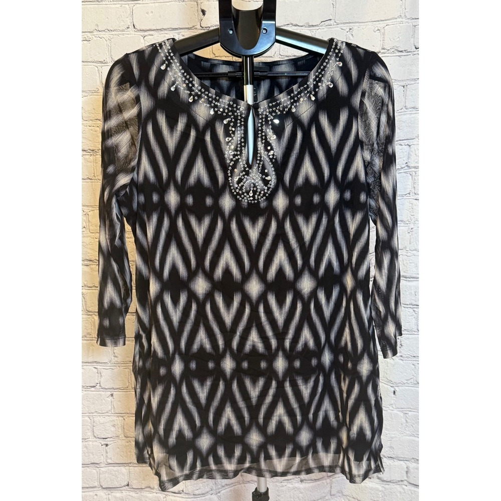 INC International Concepts Womens XL Black White Mesh Embellished Tunic Top
